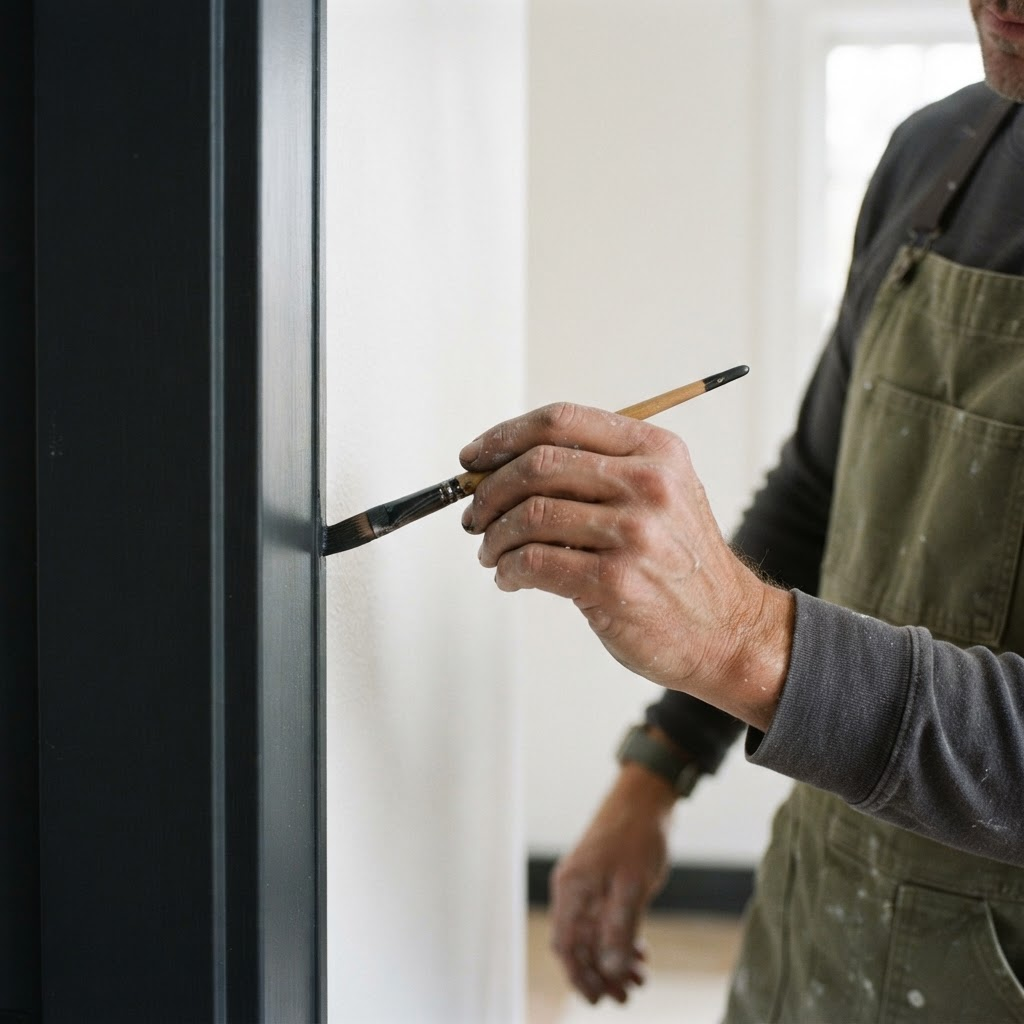 Detail van vakkundig schilderwerk: een strakke verflijn langs het kozijn